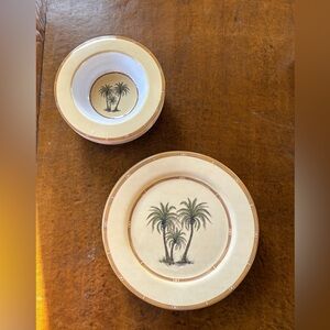 Vintage (2003) and Never Used Palm Tree Design Melamine 8 Plates and 8 Bowls
